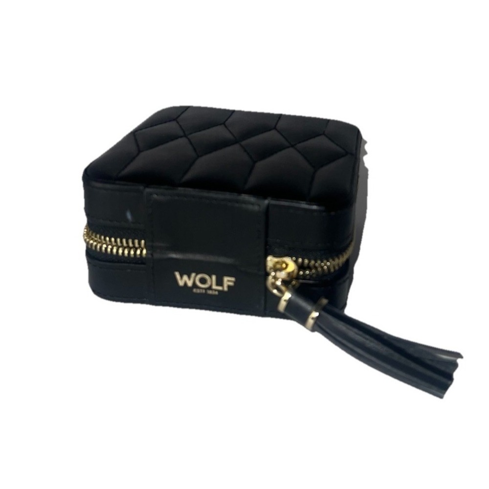 Wolf Caroline 329971 Black Leather Travel Jewelry Case Mirror Compact Zip-Around